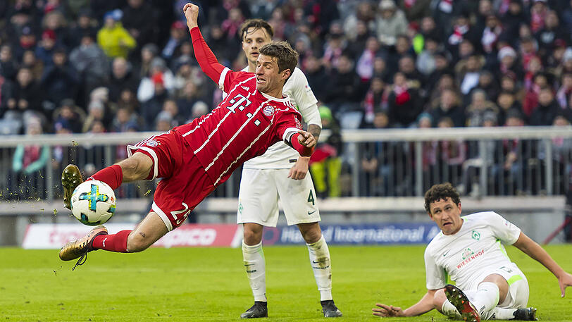 Thomas Müller trifft zum 1:1-Ausgleich gegen Werder Bremen. Ligator Nummer 99.