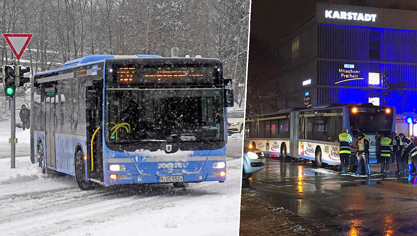 Links: Ein Bus steckte fest und drohte gegen eine Ampel zu rutschen. Rechts: Ein anderer Bus blockierte am Samstagabend die Leopoldstraße.