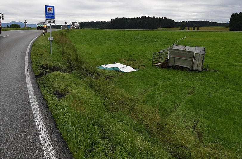Bilder vom Verkehrsunfall auf der B304: Der Anhänger wurde so stark beschädigt, dass die Kühe entkommen konnten. Die Polizei musste ein Tier erschießen.