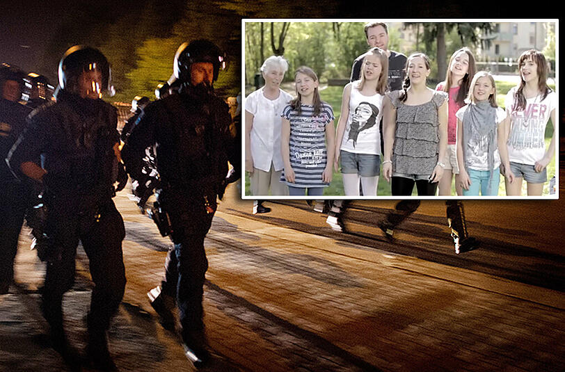 Zwei Bilder von Heidenau. Polizisten kämpfen gegen rechtsradikale Randalierer. In einem Imagevideo wirbt die Stadt für ihre Hilfsbereitschaft und ihr "Zu-Haus-Gefühl".