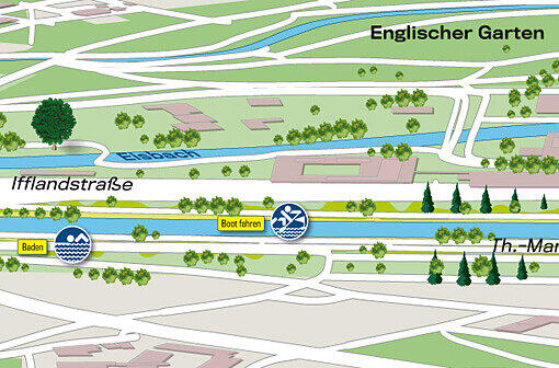 Höhe Ifflandstraße: Hier wirkt die &bdquo;Reißende&ldquo; gezähmt. Der Eisbach läuft parallel. Zum Baden und Boot fahren das richtige Terrain.