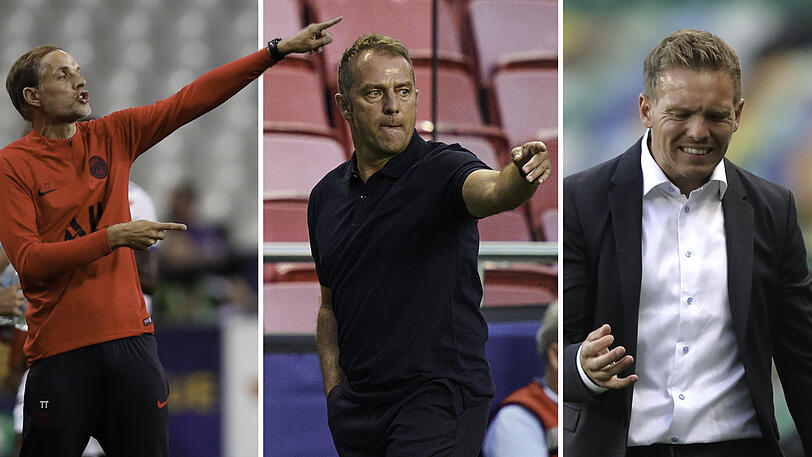 Das Halbfinale 2020: zwei deutsche Teams, zwei aus Frankreich und mit Tuchel, Flick und Nagelsmann (v.l.) drei deutsche Trainer.