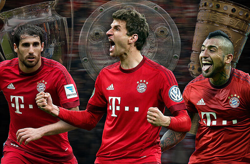Sie sollen Bayerns Triple-Traum Realität werden lassen: Das neue Führungs-Triumvirat auf dem Platz &ndash; Abwehrchef Martínez, Wortführer Müller und Überflieger Vidal(v.l.).