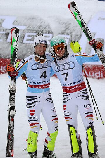 Fritz Dopfer und Felix Neureuther feiern ihre Silber- und Bronzemedaille bei der Ski-WM in den USA