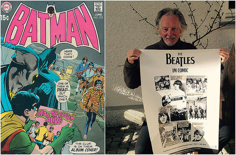 Die Beatles treffen Batman und Robin. Rechts ist Illustrator Klaus Voormann zu sehen, der das legendäre Cover fürs Revolver-Album gestaltet hat.