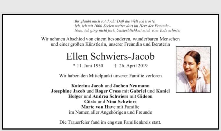 Mit dieser Anzeige nahm die Familie Abschied von Ellen Schwiers.