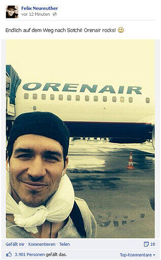 Felix Neureuther ist endlich auf dem Weg nach Sotschi wie er auf seiner Facebook Fanpage zeigt.