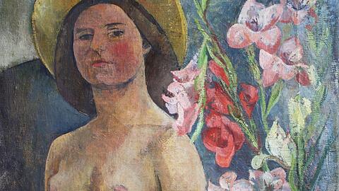 Karoline Wittmanns "Selbstbildnis im Halbakt mit Gladiolen" aus dem Jahr 1949.