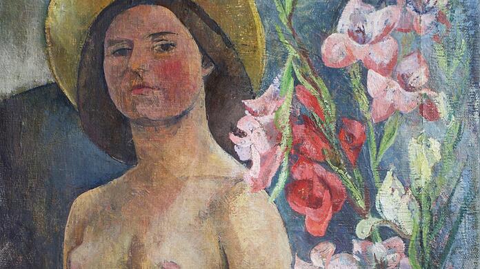 Karoline Wittmanns "Selbstbildnis im Halbakt mit Gladiolen" aus dem Jahr 1949.
