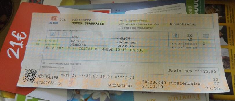 Ein ICE-Sparpreis Ticket für 45,80 Euro.