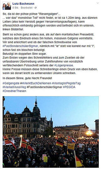 Facebook-Post von Lutz Bachmann zum Merkel-/Gabriel-Galgen.