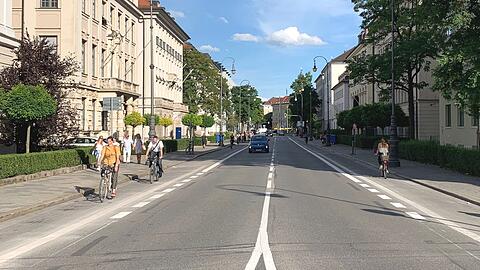 Die neuen Radfahrstreifen auf beiden Seiten der Brienner Straße zwischen Karolinenplatz und Türkenstraße.