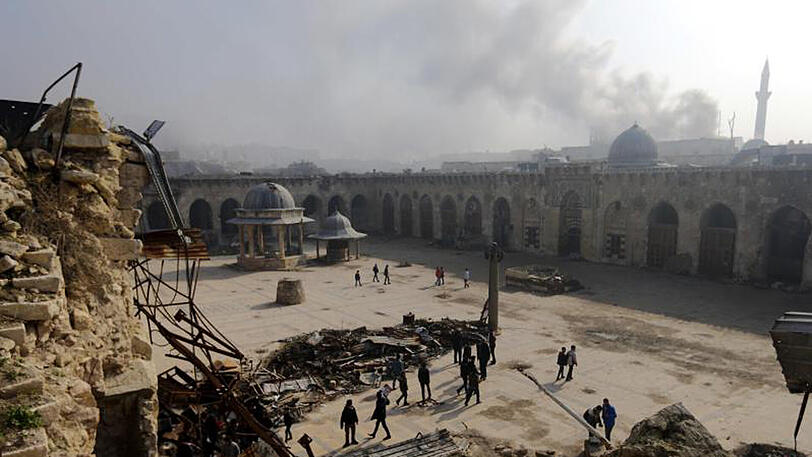 Die schwer beschädigte Grand-Umayyad-Moschee im syrischen Aleppo.