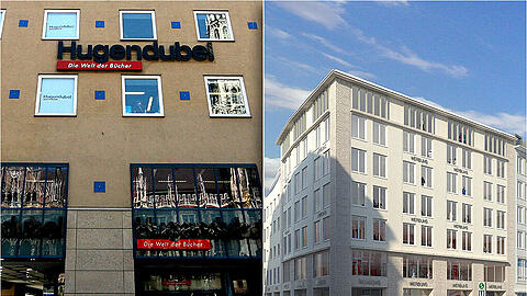 Links die aktuelle Fassade der Hugendubel-Filiale am Marienplatz. Nach den Umbauarbeiten soll das Gebäude wie auf dem rechten Bild aussehen.