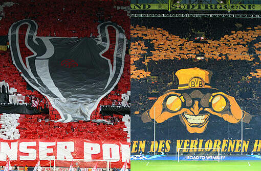 Das Objekt der Begierde aus unterschiedlicher Perspektive: Der Champions-League Pokal vor einem Jahr in der Allianz Arena als Bayern-Choreografie und vor sechs Wochen im Westfalenstadion.