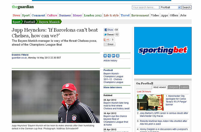 "Wenn Barcelona Chelsea nicht besiegen kann, wie sollen wir das dann schaffen?", zitiert THE GUARDIAN Bayern-Trainer Jupp Heynckes am Montagabend. So viele Scherze dieser sich auch für gewöhnlich erlaube, so viel er auch in seiner Fußball-Karriere erlebt haben mag - Heynckes Furcht vor dem Finale sei echt, vor allem nach der Niederlage gegen Dortmund. Sollte Bayern aber gegen Chelsea gewinnen, so sei das Team bereits jetzt gewarnt - vor weiteren Heynckes-Witzen.