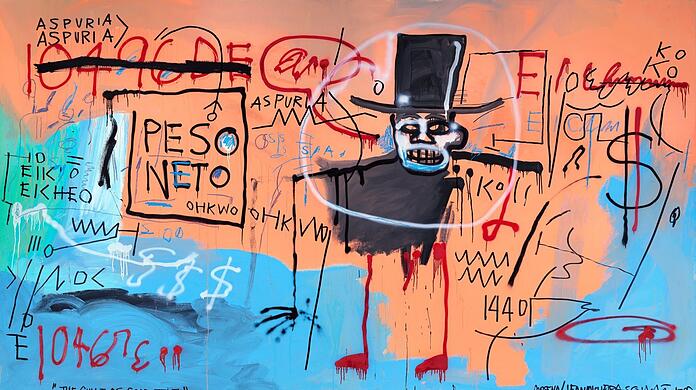 Jean-Michel Basquiats über vier Meter breites Gemälde "The Guilt of Gold Teeth" spielt auf haitianische Voodoo-Praktiken an. Der Wächter des Todes mit Zylinder befördert ins Jenseits. Das Bild aus dem legendären "Modena-Zyklus" stammt aus der Nahmad Collection und ist bis 27. August in der Fondation Beyeler zu sehen.