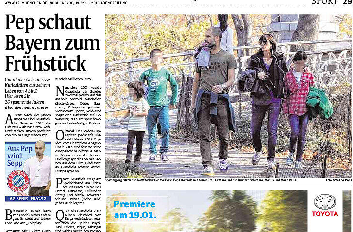 19./20. Januar: In New York, dem Auszeit-Ort der Guardiola-Familie, muss der künftige Bayern-Coach früh raus, um 15.30-Uhr-Spiele der Bundesliga zu schauen. Anpfiff 9.30 Uhr! Bayern schaut er dann zum Frühstück. Danach ist Family-Time. Mit Frau Cristina hat er die Kinder Marius (11), Maria (9) und Valentina (4) &ndash; good old Papa Pep!
