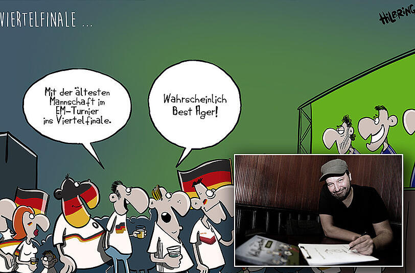 &bdquo;Dieses Generationenduell ist natürlich ein interessanter Ansatzpunkt&ldquo;, sagt Oliver Hilbring zu seiner Vorschau auf Deutschland gegen Italien. Auf www.oli-hilbring.de betreibt der Cartoonist einen Blog.