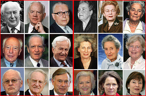Von rechts oben nach links unten: Theodor Heuss und Elly, Heinrich Lübke und Wilhelmine, Gustav Heinemann und Hilda, Walter Scheel und Mildred, Karl Carstens und Veronica, Richard von Weizsäcker und Marianne, Roman Herzog und Christiane, Johannes Rau und Christina, Horst Köhler und Eva Luise.