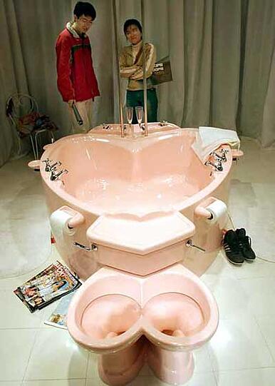 Zwei-in-eins - und das auch noch für zwei! Ein Pärchen-Dusch-WC... in Rosa!