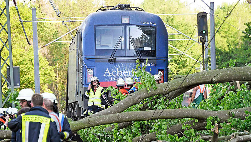 Stundenlange Sperre: Ein umgestürzter Baum hat bei Grafing im Landkreis Ebersberg die Zugstrecke München-Rosenheim blockiert. Im Einsatz waren starke Kräfte des Rettungsdienstes, darunter mehrere Schnelleinsatzgruppen sowie die Feuerwehren Grafing, Nettelkofen, Aßling, Straußdorf, Loitersdorf, Elkofen, Ebersberg und Niclasreuth. Die Bilder von der schwierigen Bergung.