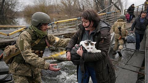 Ein Soldat hilft einer Frau mit Katze, während sie den Fluss Irpin überquert, um aus der gleichnamigen Stadt in der Ukraine zu fliehen.