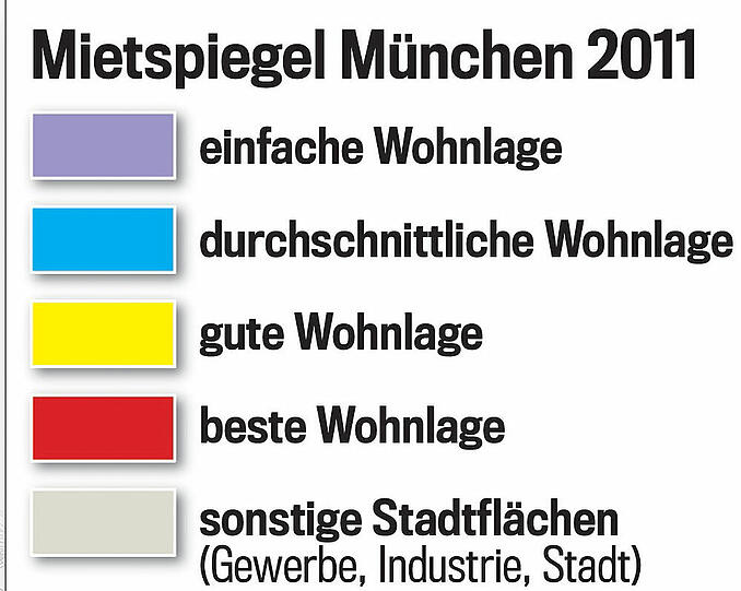 Die Lage macht&rsquo;s: Je nach farblicher Markierung fällt auch die Grundmiete unterschiedlich hoch aus. Der Mietspiegel gilt ab 20. März 2013. Wohnen Sie in bester Lage? Einfach weiterklicken!