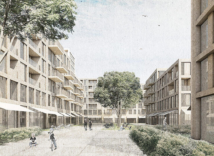 Der Entwurf des Berliner Architektenbüros &bdquo;Ortner & Ortner&ldquo;: Die Wohn- und Geschäftshäuser sind jeweils um einen Nord- und einen Südhof angeordnet. Quer stehende Gebäude teilen die großen Höfe in kleinere aber nicht ganz abgeschlossene Einheiten. Zwischen den Höfen soll eine &bdquo;grüne Mitte&ldquo; entstehen.