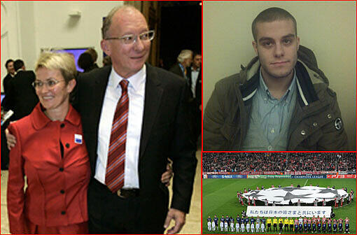 Dorle Maget mit ihrem Mann, SPD-Politiker Franz Maget. Vorm Spiel der Bayern gegen Inter Mailand im März 2011 (kl. Bild) hat sie eine Polizei-Aktion beobachtet: Andrea Nicolosi (r. oben) sagt, dass ein Polizist ihn getreten haben soll.