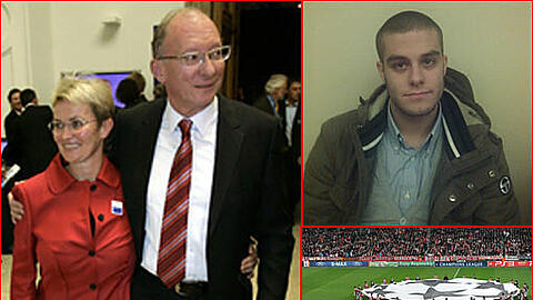 Dorle Maget mit ihrem Mann, SPD-Politiker Franz Maget. Vorm Spiel der Bayern gegen Inter Mailand im März 2011 (kl. Bild) hat sie eine Polizei-Aktion beobachtet: Andrea Nicolosi (r. oben) sagt, dass ein Polizist ihn getreten haben soll.
