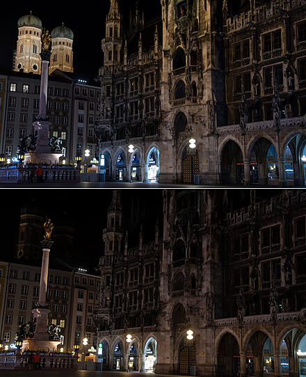 Und ein Vorher-Nachher des Rathauses rund um die "Earth Hour" 2022.