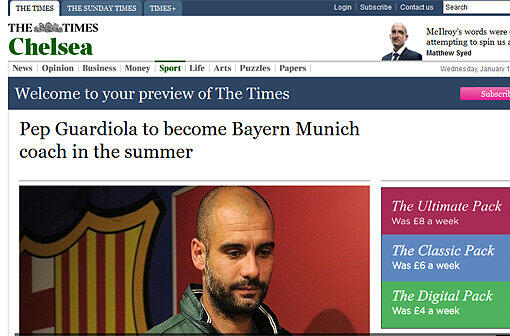 The Times: &bdquo;Pep Guardiola, der begehrteste Trainer der Welt, hat sich entschieden, nach der Saison die Bayern zu übernehmen. Die Neuigkeiten sind ein schwerer Schlag für Chelsea und Manchester City, die sich beide Hoffnungen darauf gemacht hatten, den 41-Jährigen in die Premier League zu holen."
