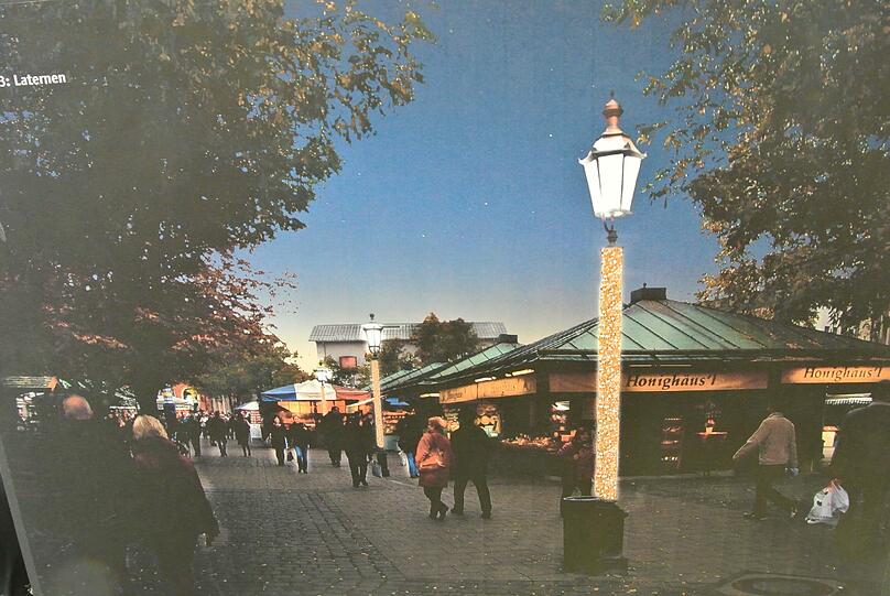 Alle Marktlaternen erstrahlen mit Glitzermast und Spezial-Licht im Lampenschirm.