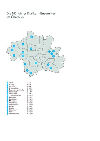 Diese Karte zeigt die Lage aller 18 Münchner Dorfkern-Ensembles.