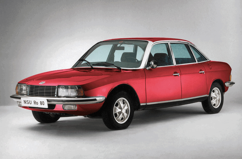 NSU: Der NSU Ro80 (Bild) trägt zum Ruhm der Marke bei. Später Zusammenschluss von NSU und Auto Union GmbH zur Audi NSU Auto Union AG mit Sitz in Neckarsulm (daher auch NSU). 1985 wird daraus die Audi AG.