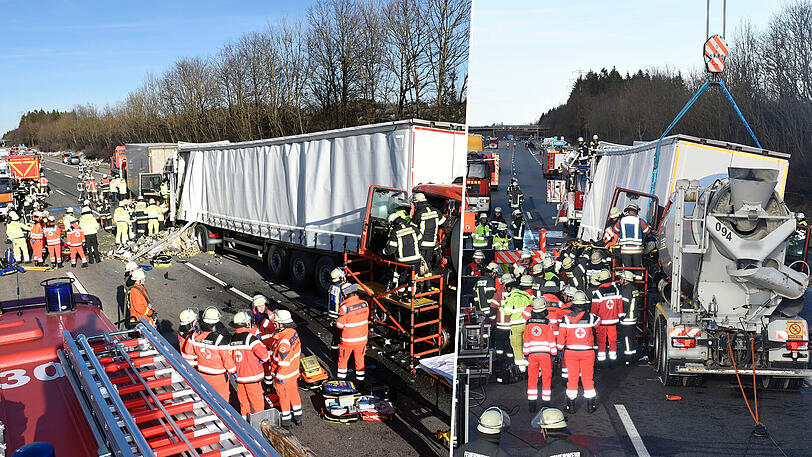Die Feuerwehr war am Dienstag auf der A99 im Einsatz: Mehrere Lastwagen hatten sich ineinander geschoben.