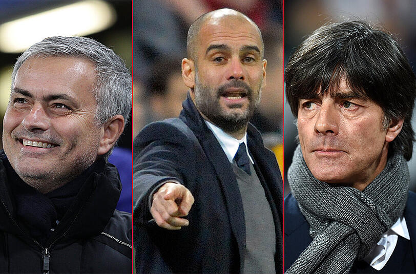 Ist einer von ihnen ab 2016 am Ruder bei den Bayern? der aktuelle Coach Pep Guardiola (m.), Chelsea-Trainer Jose Mourinho (l.) oder Bundestrainer Jogi Löw?