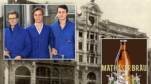 Im Hintergrund dar Mathäser-Gebäudekomplex 1893, Links die drei Jungbauern hinter dem neuen Mathäserbräu.