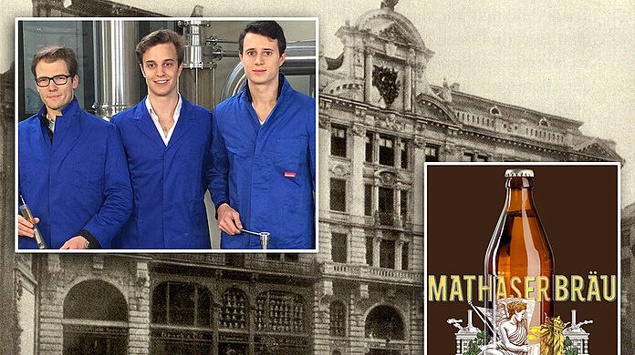 Im Hintergrund dar Mathäser-Gebäudekomplex 1893, Links die drei Jungbauern hinter dem neuen Mathäserbräu.