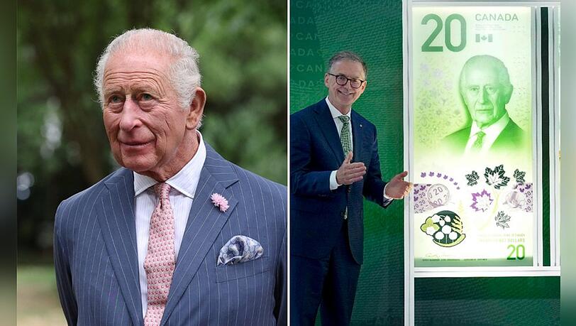 K&ouml;nig Charles ist auf der kanadischen 20-Dollar-Note, die Tiff Macklem (re.) vorstellte.