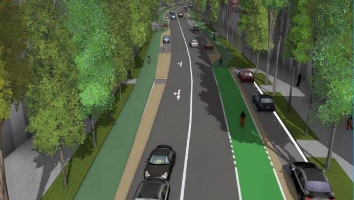 Das war die Idee für die Lindwurmstraße: Auf jeder Seite sollte aus einer Autospur ein Radweg werden. Die Gehwege sollten bis zu den Bäumen reichen. Doch ein Umbau ist in die Ferne gerückt.