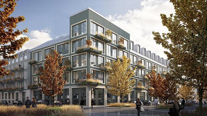 So wird die Ecke Rupprechtstraße/Gabrielenstraße 2024 aussehen: Den Bürobau mit Turm begrünen Pflanztröge.