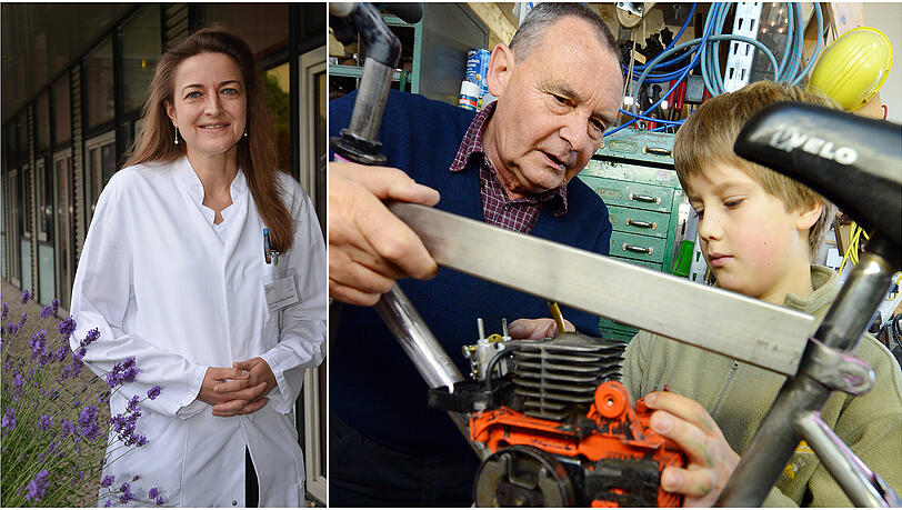 Links: Prof. Ursula Müller-Werdan von der Berliner Chartité. Rechts werkelt dieser Rentner ehrenamtlich mit einem Buben. Links: Prof. Ursula Müller-Werdan von der Berliner Chartité. Rechts werkelt dieser Rentner ehrenamtlich mit einem Buben.