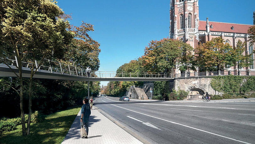 Die Variante des Baureferats: Die geschwungene Brücke setzt hinter der Treppe zu Füßen der Kirche an. Baumfällungen sind nicht berücksichtigt. Die Variante des Baureferats: Die geschwungene Brücke setzt hinter der Treppe zu Füßen der Kirche an. Baumfällungen sind nicht berücksichtigt.