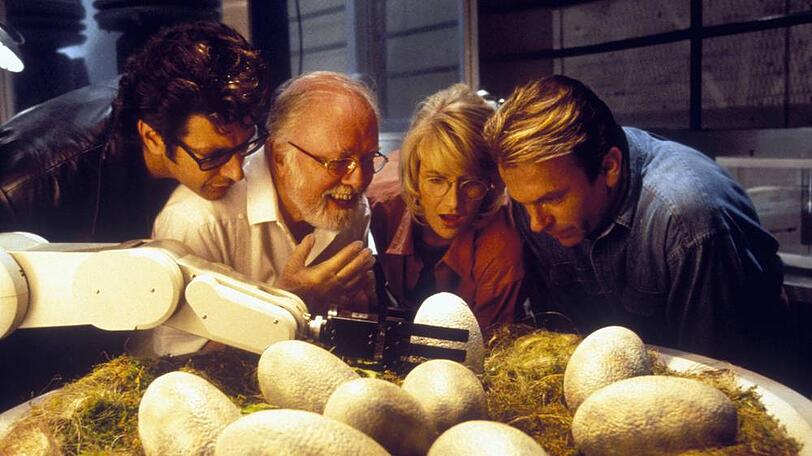 Jeff Goldblum mit Richard Attenborough, Laura Dern und Sam Neill (v.l.n.r.) in "Jurassic Park"