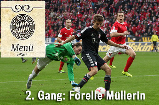 Wann serviert? 41. Minute. Führungstor Müllerin Art, an steifgeschlagenem Neuer-Abstoß, rustikal verlängert, garniert mit feiner Kroos-Beilage. Zubereitung: Abstoß Manuel Neuer, Kopfballverlängerung Mario Mandzukic, direkte Weiterleitung von Toni Kroos in den Lauf von Thomas Müller (Foto), der den Mainzer Torwart umkurvt &ndash; 1:0.