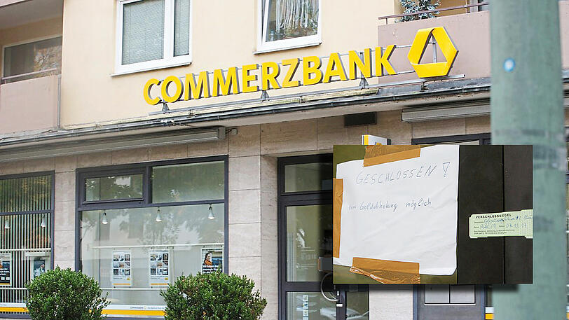 Die Commerzbank an der Bertholdstraße in Milbertshofen. Hier haben die Täter zugeschlagen. "Geschlossen! Keine Geldabhebung möglich", steht auf dem handgeschriebenen Zettel.