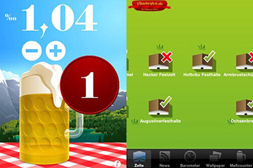 Wiesn-Hilfe per iPhone. Links: der Promille-Rechner. Rechts:  die Zelt-Status-Info