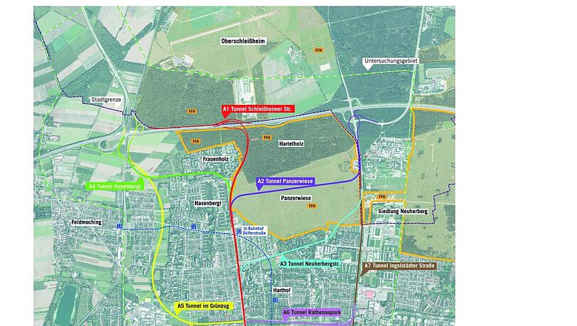 Sieben Tunnel-Varianten hat die Stadt ausgearbeitet. Drei davon (A1 - A3) verlaufen durch ein Naturschutzgebiet. Sieben Tunnel-Varianten hat die Stadt ausgearbeitet. Drei davon (A1 - A3) verlaufen durch ein Naturschutzgebiet.